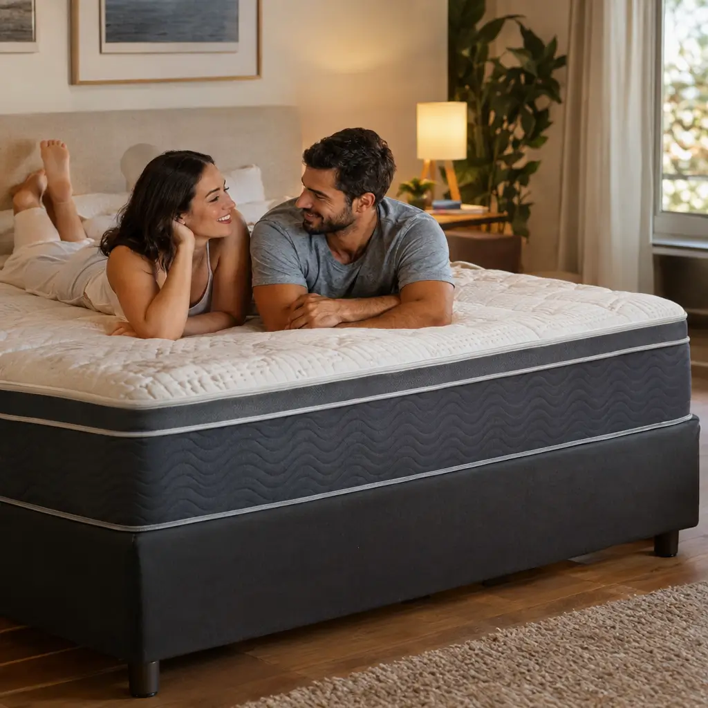 Colchão para casal com pesos diferentes: como escolher? Casal sorrindo na cama