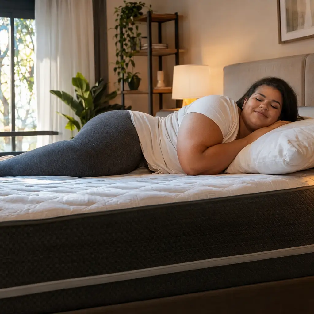 Colchão para pessoa pesada: como escolher? Mulher dormindo confortavelmente de lado