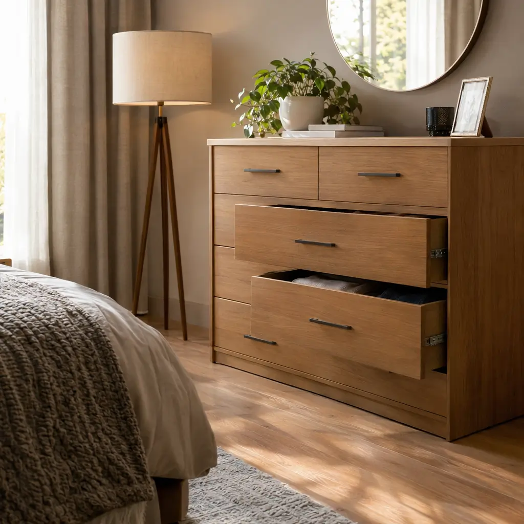 Como escolher cômoda para quarto: veja as medidas, cômoda de madeira com duas gavetas abertas