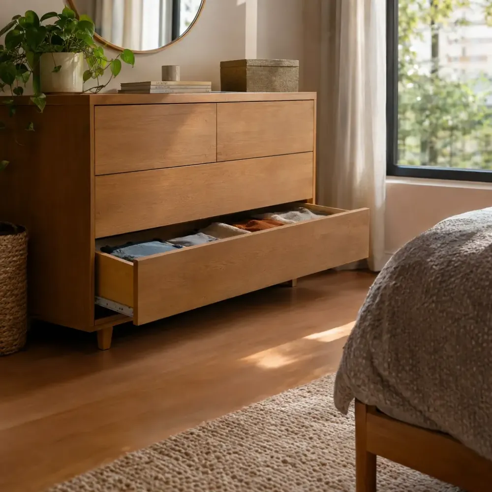Como escolher cômoda para quarto: veja as medidas, cômoda de madeira com gaveta aberta