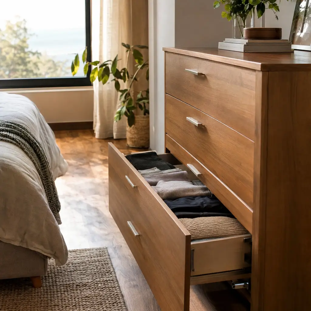 Como escolher cômoda para quarto: veja as medidas, cômoda de madeira com gaveta aberta e roupas dobradas