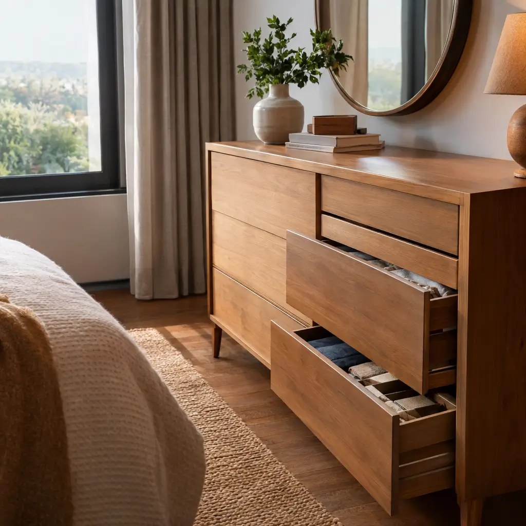Como escolher cômoda para quarto: veja as medidas, cômoda de madeira com gavetas abertas