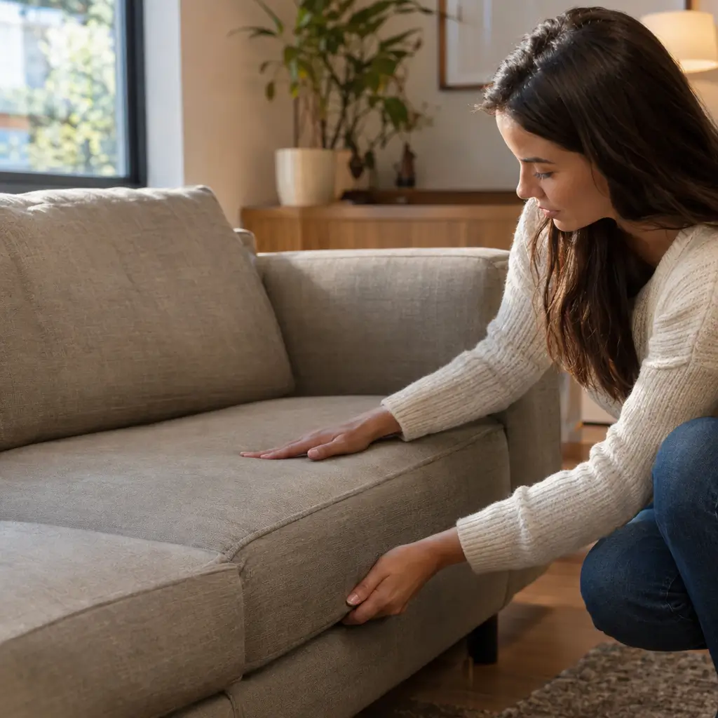 Como saber se um sofá é resistente: 5 sinais, mulher testando assento e estrutura do sofá