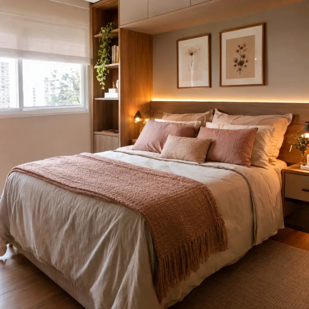 Decoração de quarto de casal pequeno: 10 ideias com cama aconchegante e iluminação indireta