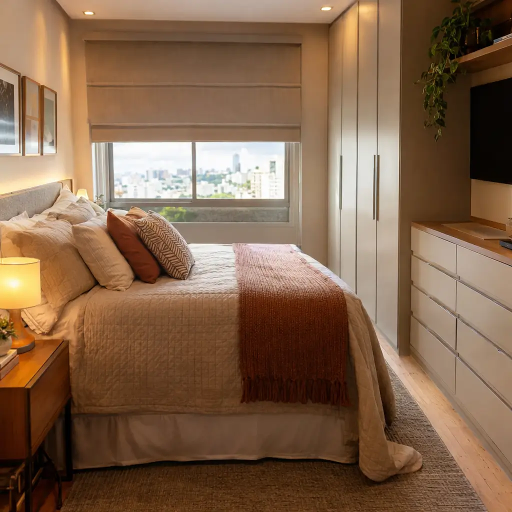 Decoração de quarto de casal pequeno: 10 ideias com cama, armário e janela ampla