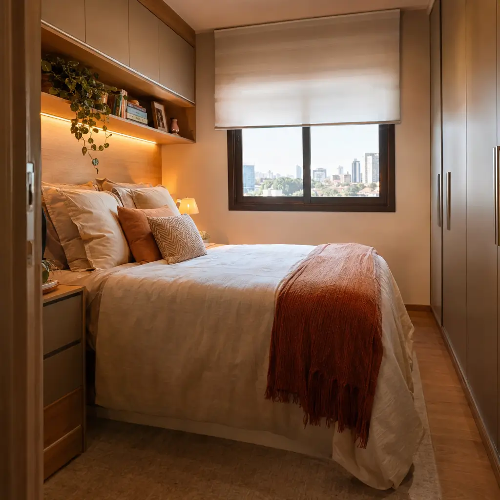 Decoração de quarto de casal pequeno: 10 ideias com cama, armário e prateleiras iluminadas