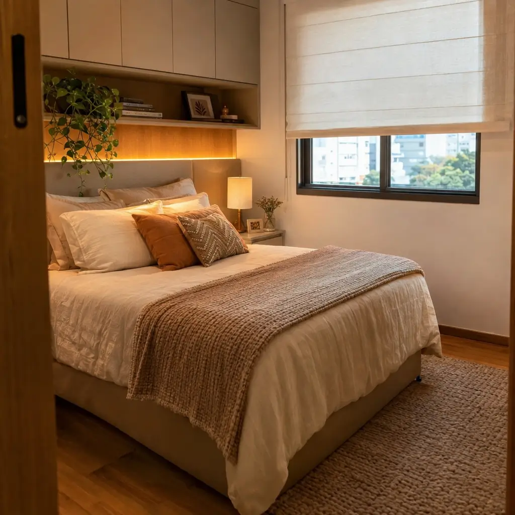 Decoração de quarto de casal pequeno: 10 ideias com cama, nichos e iluminação indireta