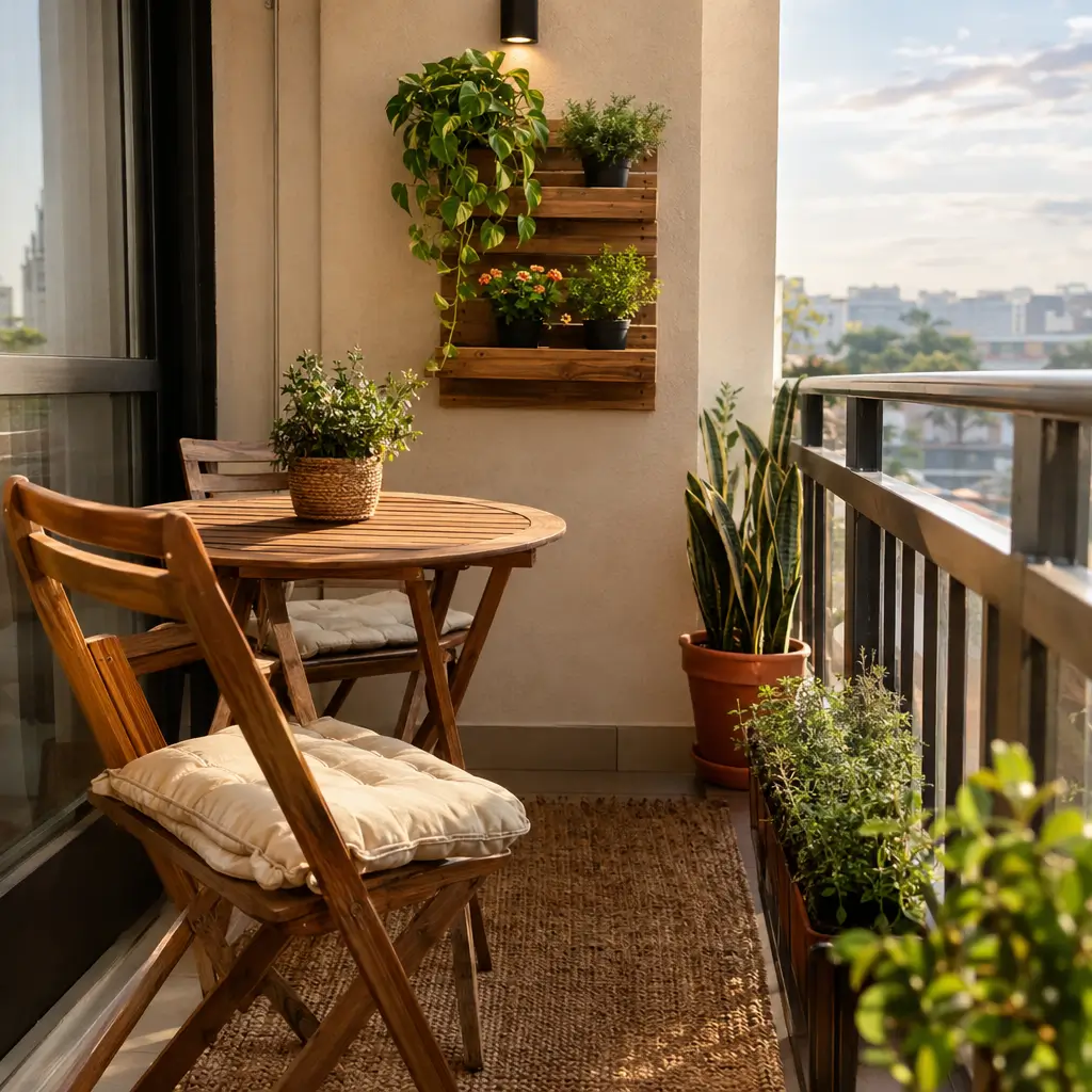 Decorar varanda pequena: ideias econômicas com mesa e plantas