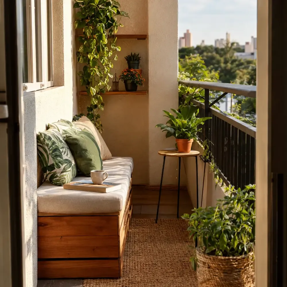 Decorar varanda pequena: ideias econômicas com plantas e banco બેઠક