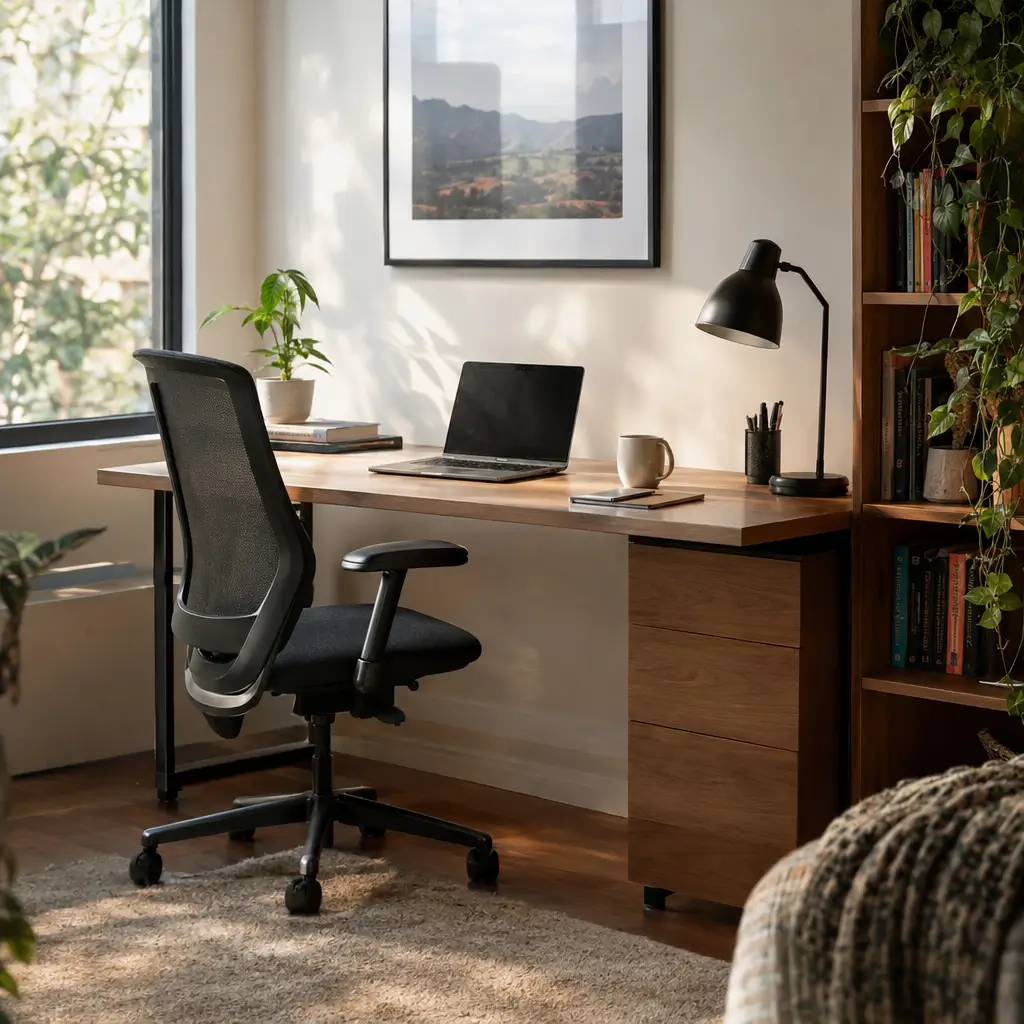 Escrivaninha para estudar ou trabalhar em casa com notebook e cadeira de escritório.