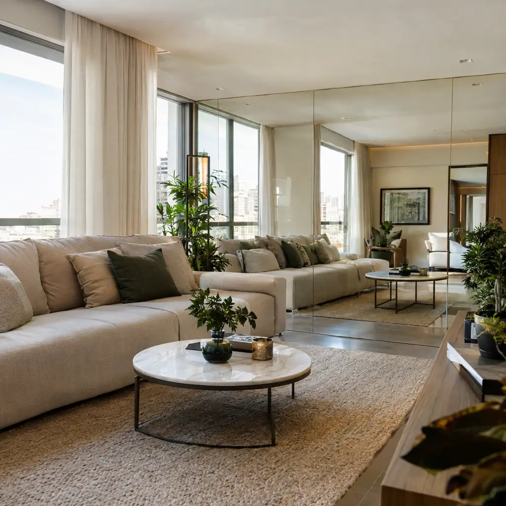 Espelhos na decoração: como ampliar os ambientes em sala iluminada