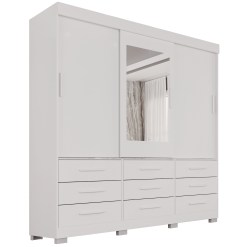 Guarda Roupa New Star Casal Com Espelho E Pes 3 Portas 9 Gavetas Salleto Branco 26698