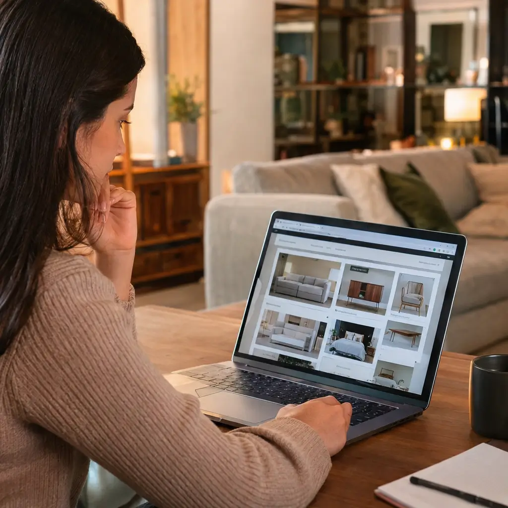 Loja de móveis confiável: como escolher? Mulher pesquisando móveis online