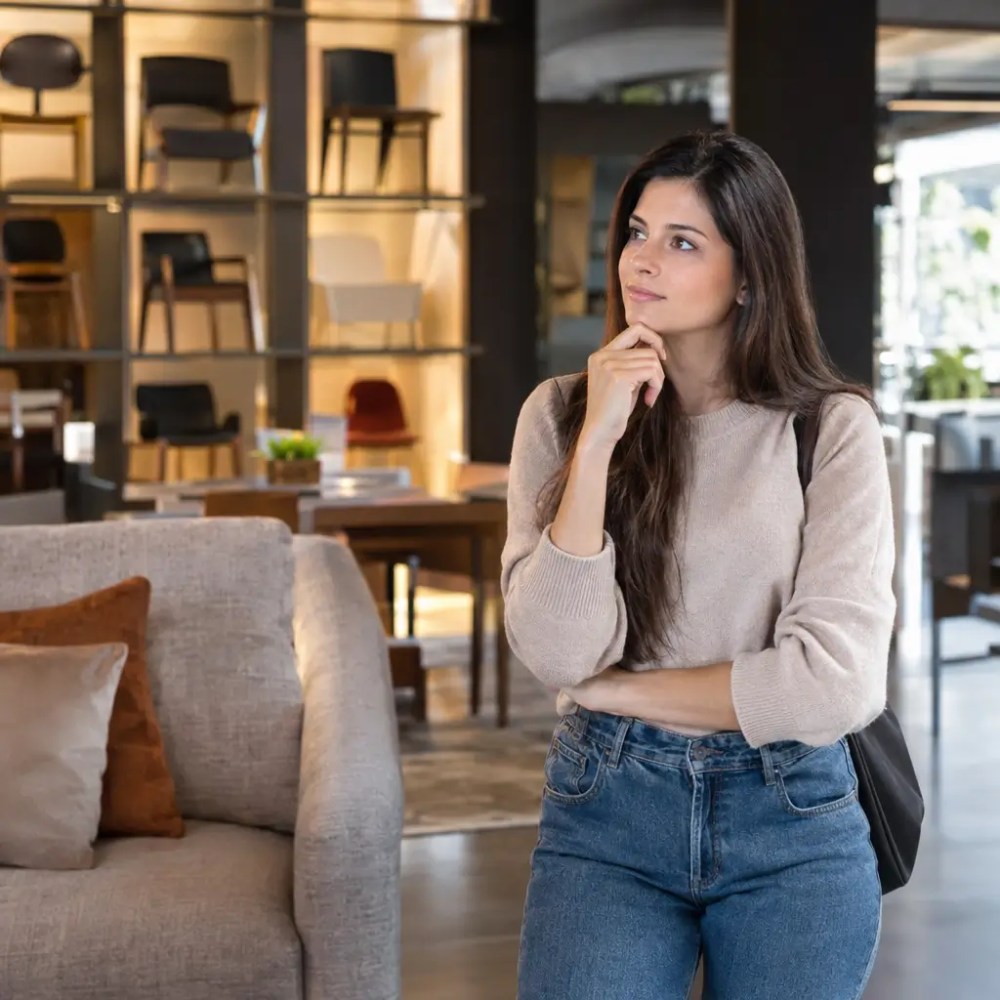 Loja de móveis confiável: mulher avaliando móveis em showroom
