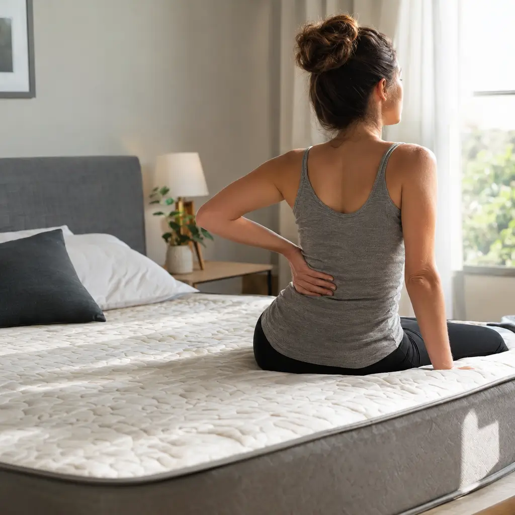 Melhor colchão para dor nas costas: como escolher, mulher sentada na cama com dor lombar