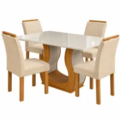 Mesa De Jantar Alpina 120x80cm Com 4 Cadeiras Londres Em Veludo Viero Mel Off White Com Assento Bege 69731