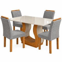 Mesa De Jantar Alpina 120x80cm Com 4 Cadeiras Londres Em Veludo Viero Mel Off White Com Assento Cinza 91336