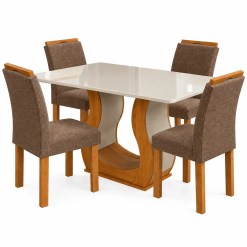 Mesa De Jantar Alpina 120x80cm Com 4 Cadeiras Londres Em Veludo Viero Mel Off White Com Assento Marrom 94776