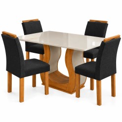 Mesa De Jantar Alpina 120x80cm Com 4 Cadeiras Londres Em Veludo Viero Mel Off White Com Assento Preto 63135