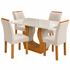 Mesa De Jantar Alpina 120x80cm Com 4 Cadeiras Marselha Em Veludo Viero Mel Off White Com Assento Bege 66347