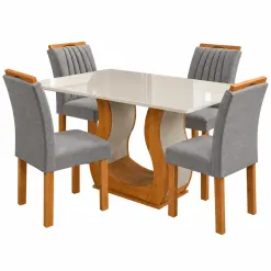 Mesa De Jantar Alpina 120x80cm Com 4 Cadeiras Marselha Em Veludo Viero Mel Off White Com Assento Cinza 35729