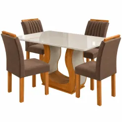 Mesa De Jantar Alpina 120x80cm Com 4 Cadeiras Marselha Em Veludo Viero Mel Off White Com Assento Marrom 79596