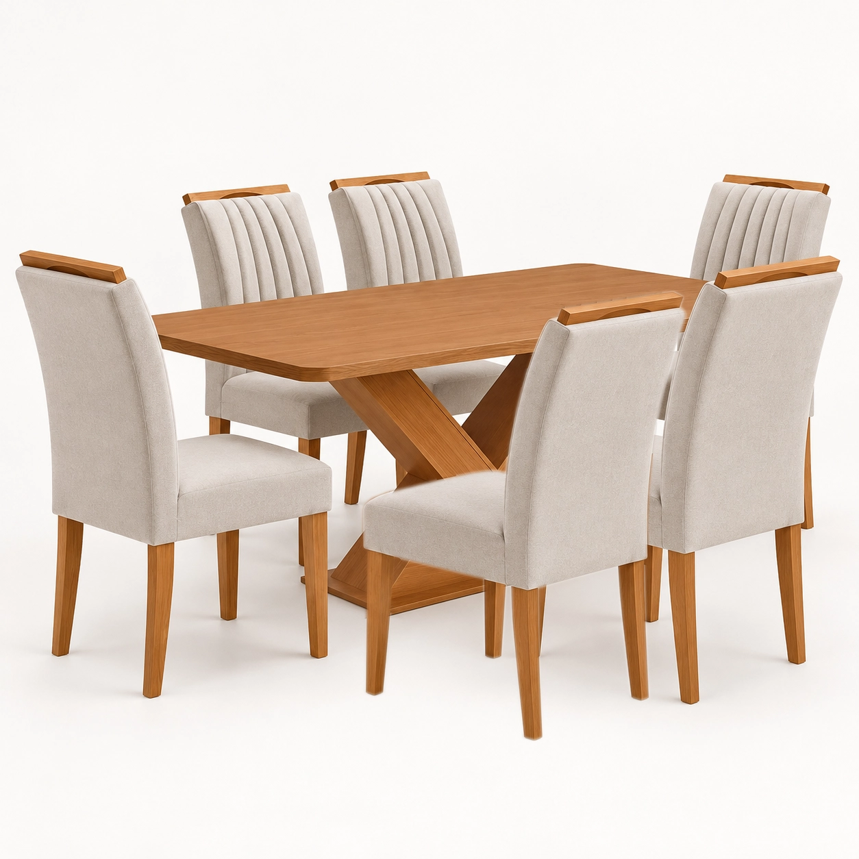 Mesa de Jantar Amora 160x90cm Sem Vidro com 6 Cadeiras Marselha em Veludo Estofadas Kappesberg, cor Canela com Tecido Bege