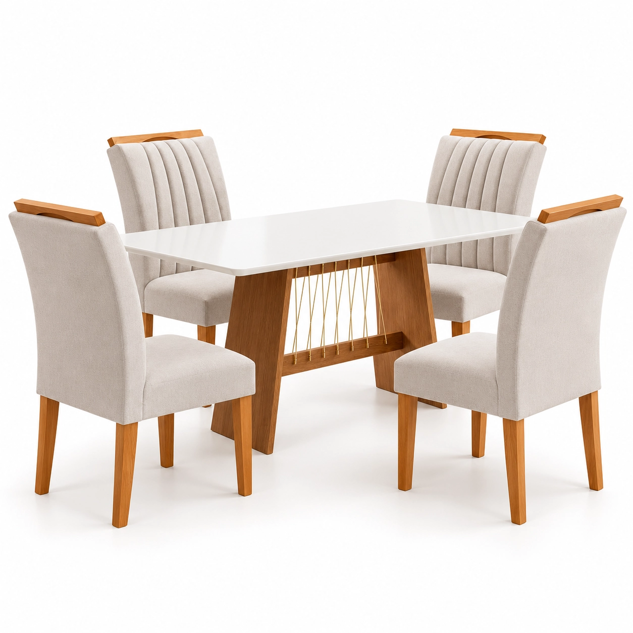 Mesa de Jantar Damiana 120x80cm com Vidro com 4 Cadeiras Marselha em Veludo Estofadas Kappesberg, cor Canela Off White com Tecido Bege