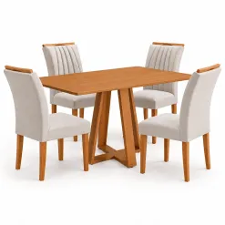 Mesa De Jantar Pilar 120x80cm Sem Vidro Com 4 Cadeiras Marselha Em Veludo Estofadas Kappesberg Canela Com Tecido Bege 18498