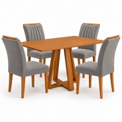 Mesa De Jantar Pilar 120x80cm Sem Vidro Com 4 Cadeiras Marselha Em Veludo Estofadas Kappesberg Canela Com Tecido Cinza 74976