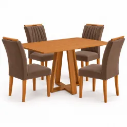 Mesa De Jantar Pilar 120x80cm Sem Vidro Com 4 Cadeiras Marselha Em Veludo Estofadas Kappesberg Canela Com Tecido Marrom 97724