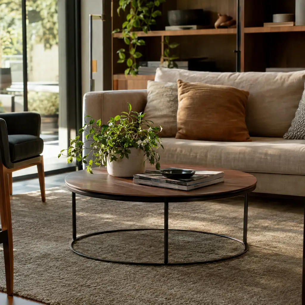 Mesa de centro para sala: como escolher com sofá, livros e planta decorativa