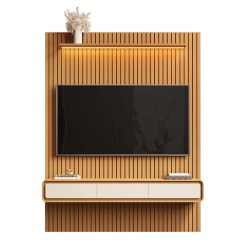 Painel Trevi 190cm Para Tv Ate 75 Polegadas Ripado Com Led E 3 Gavetas Edn Cedro Off White 31833