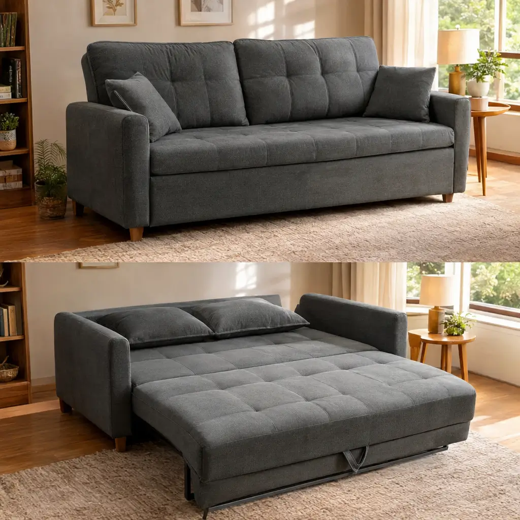 Sofá-cama vale a pena? Veja os prós e contras em modelo cinza aberta e fechado