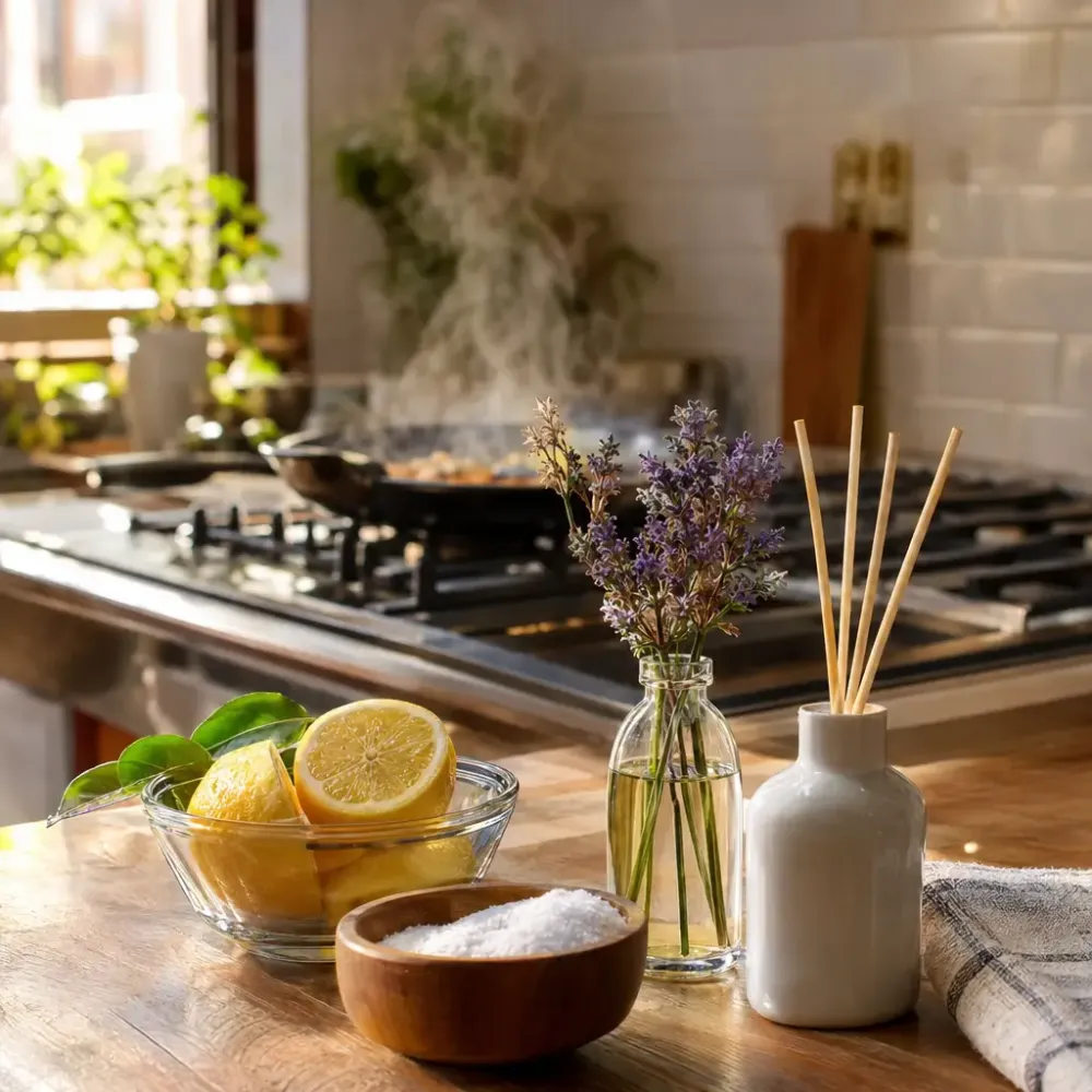 Tirar cheiro de fritura da casa com limão, sal e aromatizador na cozinha